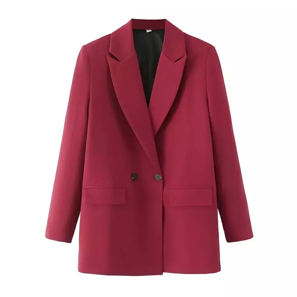 TRAF-Blazer de trespassado feminino, gola entalhada, manga comprida, chique, senhora do escritório, casaco vintage, casacos femininos, tops elegantes, moda