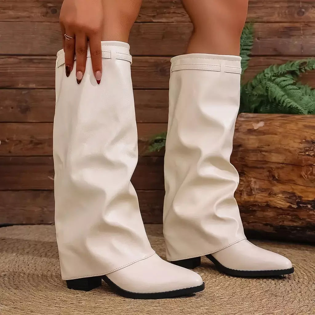 Moda plissada bota de salto alto outono novo tamanho grande estilo britânico calças de tubo alto bota feminina transfronteiriça lindamente