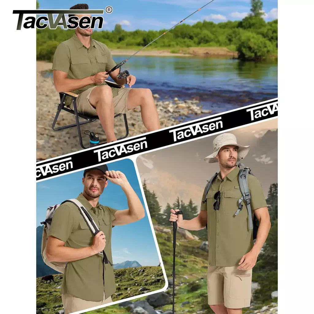 Tacvasen camisas de pesca de secagem rápida upf 50 + proteção solar masculina camisas de manga longa + curta malha respirável caminhadas trabalho camisas de carga
