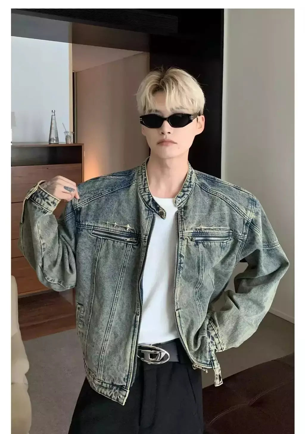Jaqueta jeans de rua masculina, vintage lavada, jaqueta de caubói angustiada, streetwear casual, primavera, novo, estilo americano, zíperes