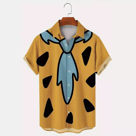 Flintstones dos desenhos animados gravata padrão camisa de manga curta, top extragrande na moda, rua hip hop, verão moderno