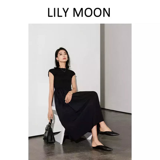 LILYMOON-vestido longo de emenda francês, saia de cintura alta, preto, fino, temperamento, cem, moda, verão