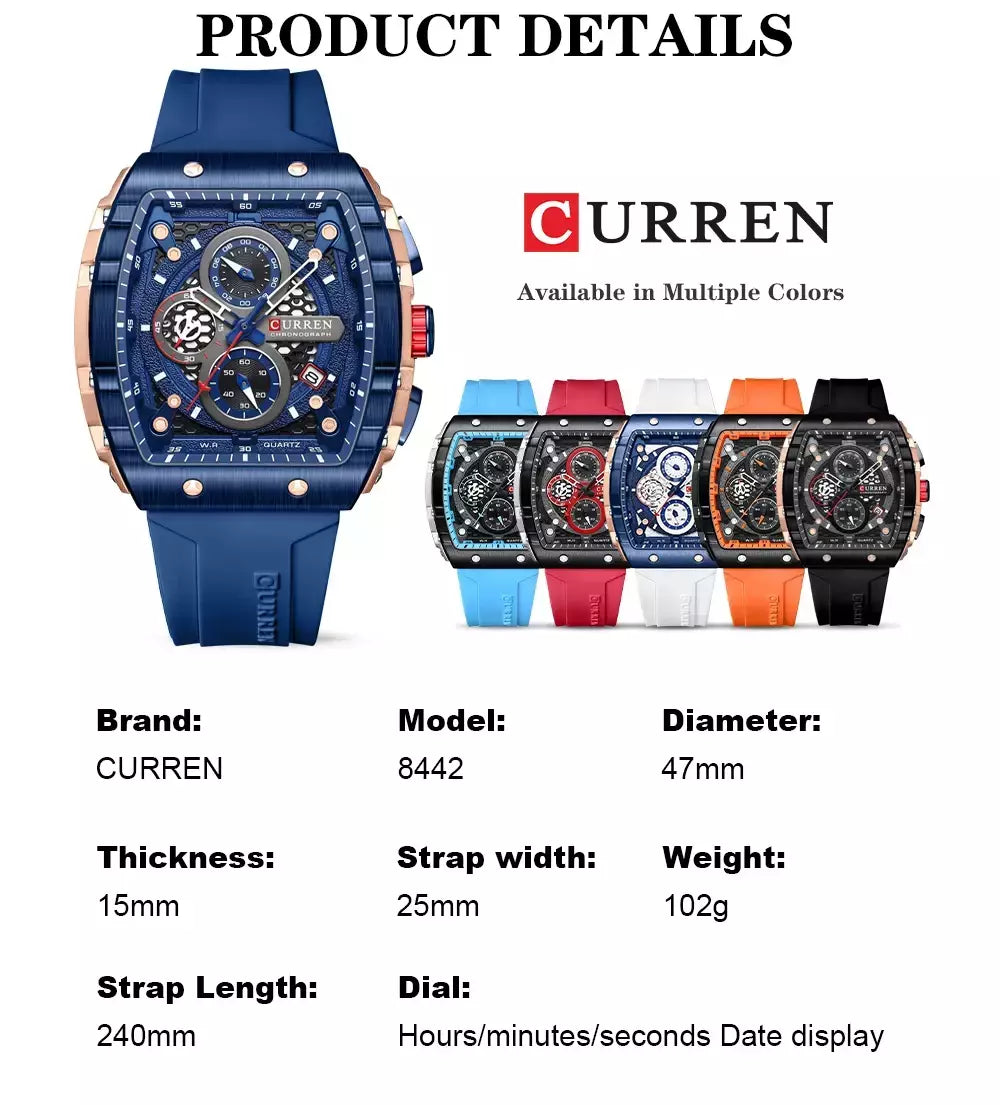 CURREN-Relógio de pulso quartzo masculino, impermeável, luminoso, cronógrafo, data, relógio, luxo, quadrado, Top Brand
