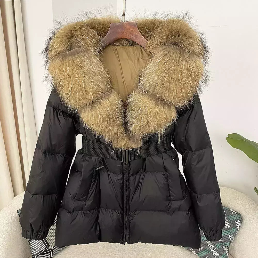 Oftbuy 2024 jaqueta de inverno feminina gola de pele de raposa natural real com capuz grosso quente 90% pato branco para baixo casaco feminino streetwear casual