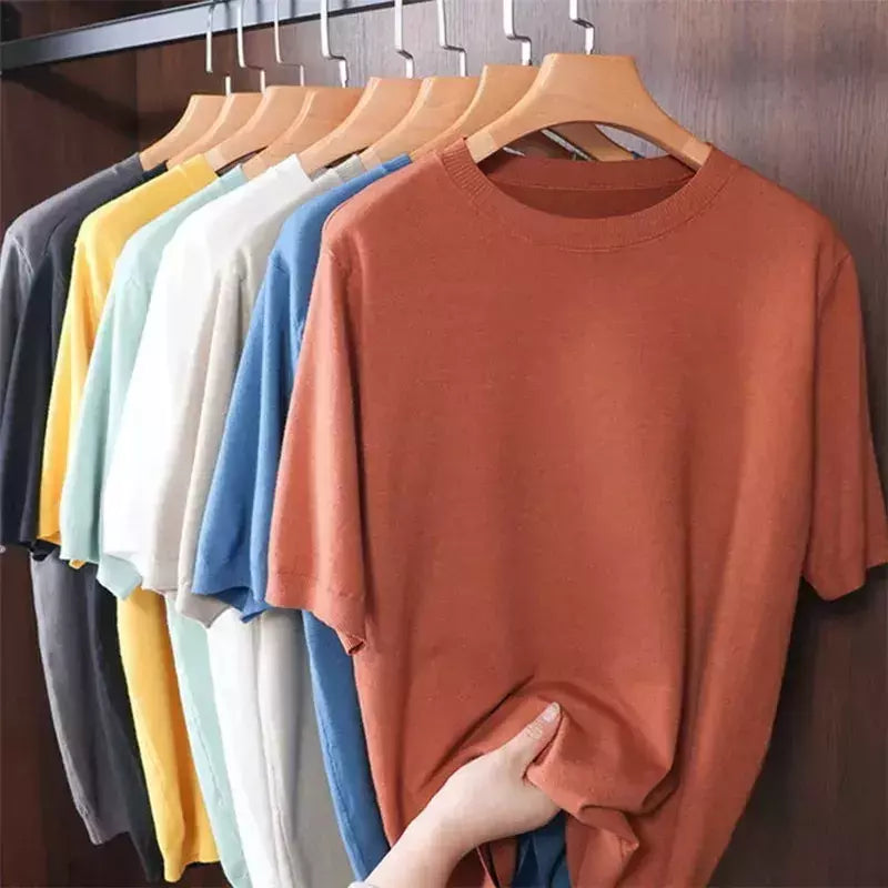 Superfino Merino lã camiseta masculina, malha, O-pescoço, respirável, fino Cashmer, manga curta Tee, cor sólida Tops