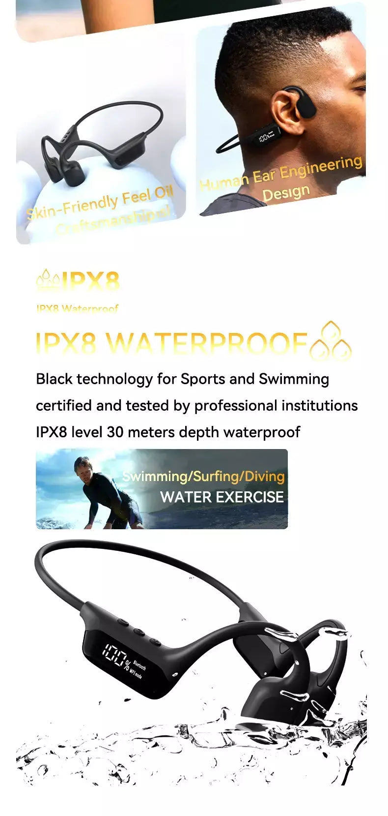 Xiaomi ipx8 à prova dwaterproof água natação condução óssea fone de ouvido bluetooth baixo sem fio mp3 player ciclismo fitness fone