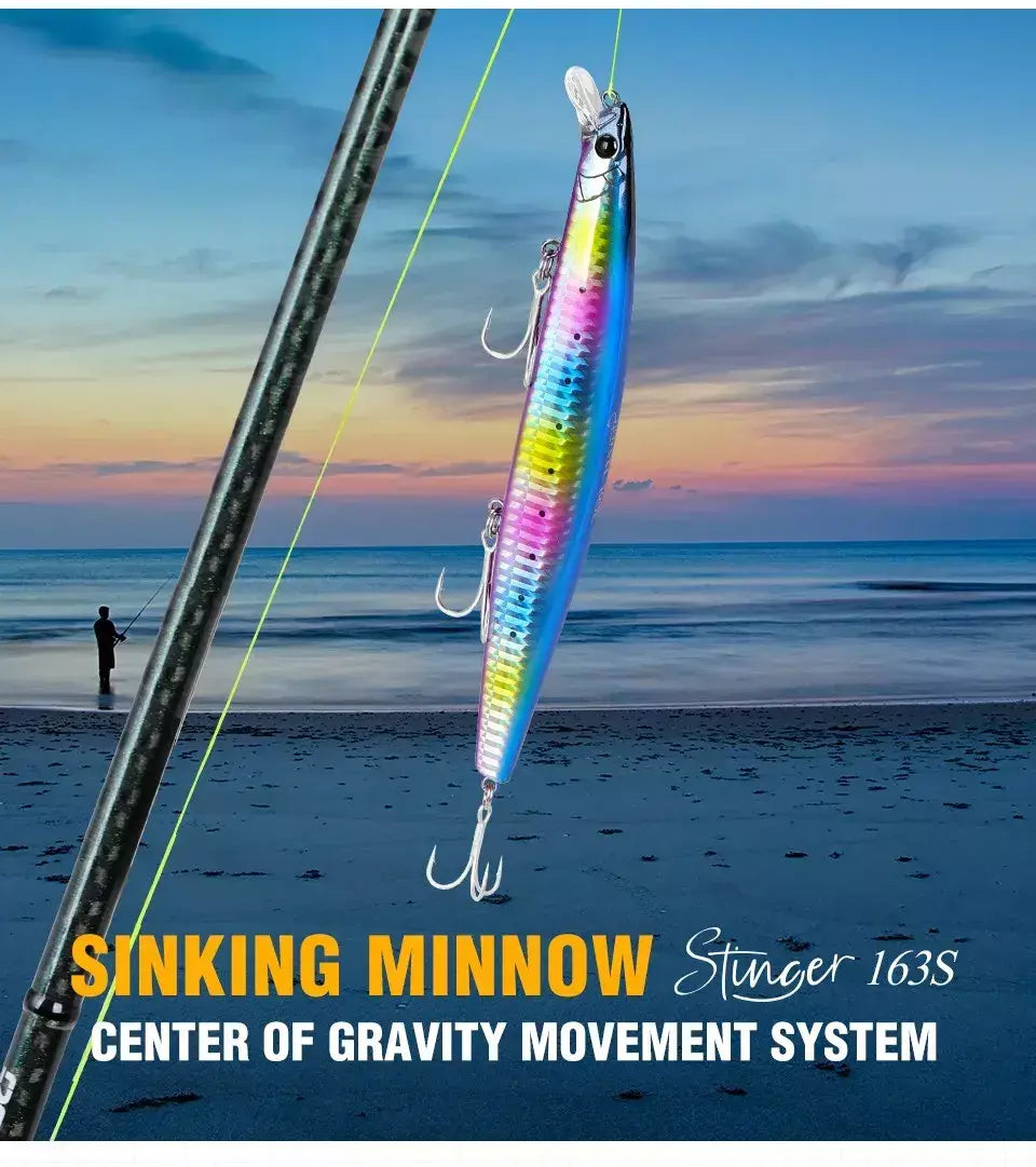 TSURIKNOYA-STINGER 163S-Ultra Long Casting Saltwater Sinking Minnow, Iscas de Pesca, Iscas Artificiais Duras para Robalo, 163mm, 34.2g