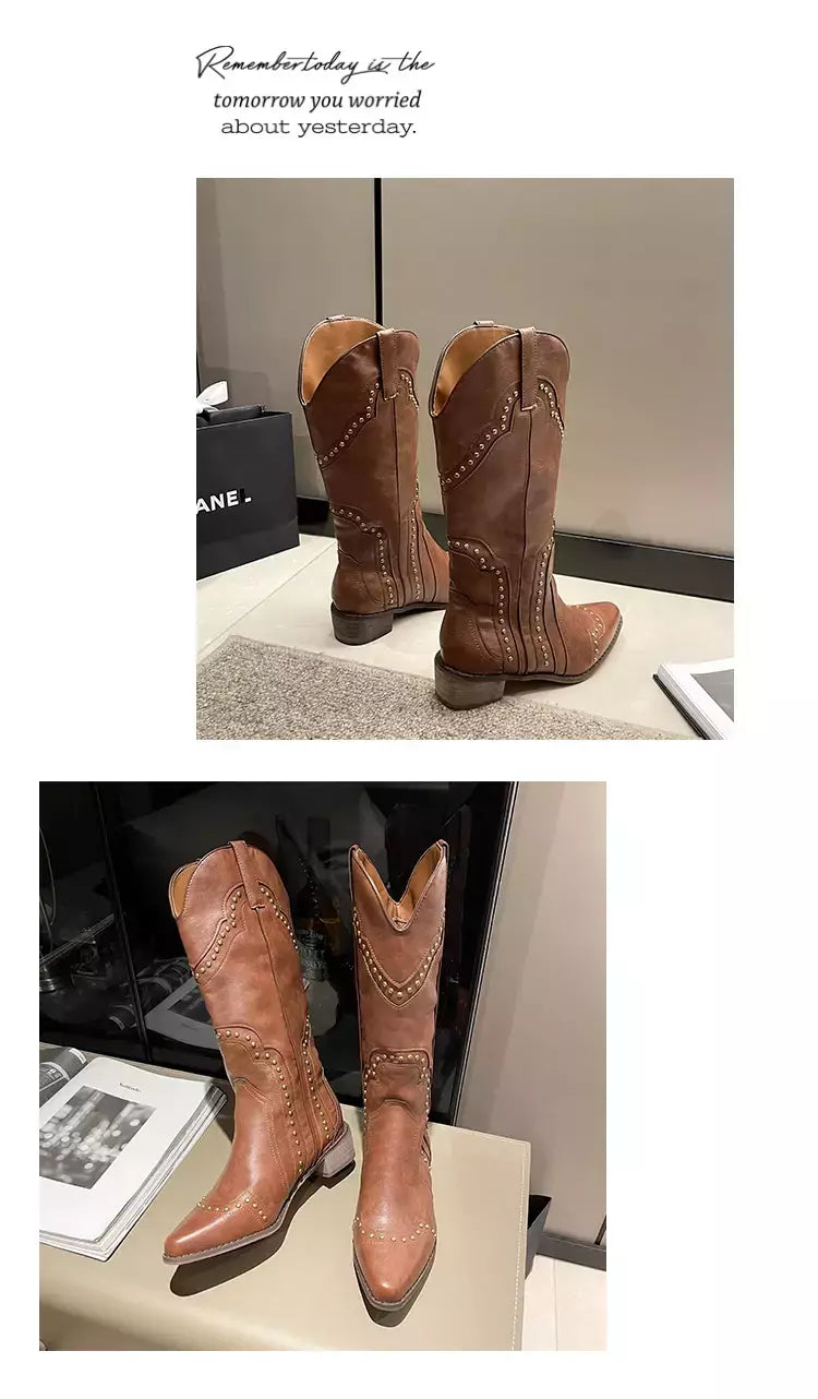 Botas góticas cravejadas para mulheres, joelho alto, couro curto, salto baixo, vaqueiro ocidental, designer de luxo, sapatos de rock novos, vintage, ocidental, 2024