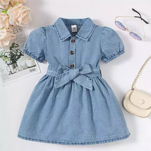Bebê menina de manga bolha jeans lapela vestido casual, festa de aniversário, criança de 1 a 3 anos, moda verão