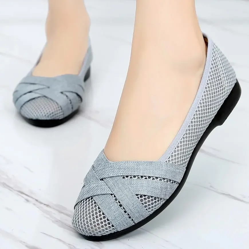 Sapatos rasos de slip-on respiráveis para mulheres, mocassins e sapatilhas casuais cinza confortáveis, plus size, elegante e casual, A93
