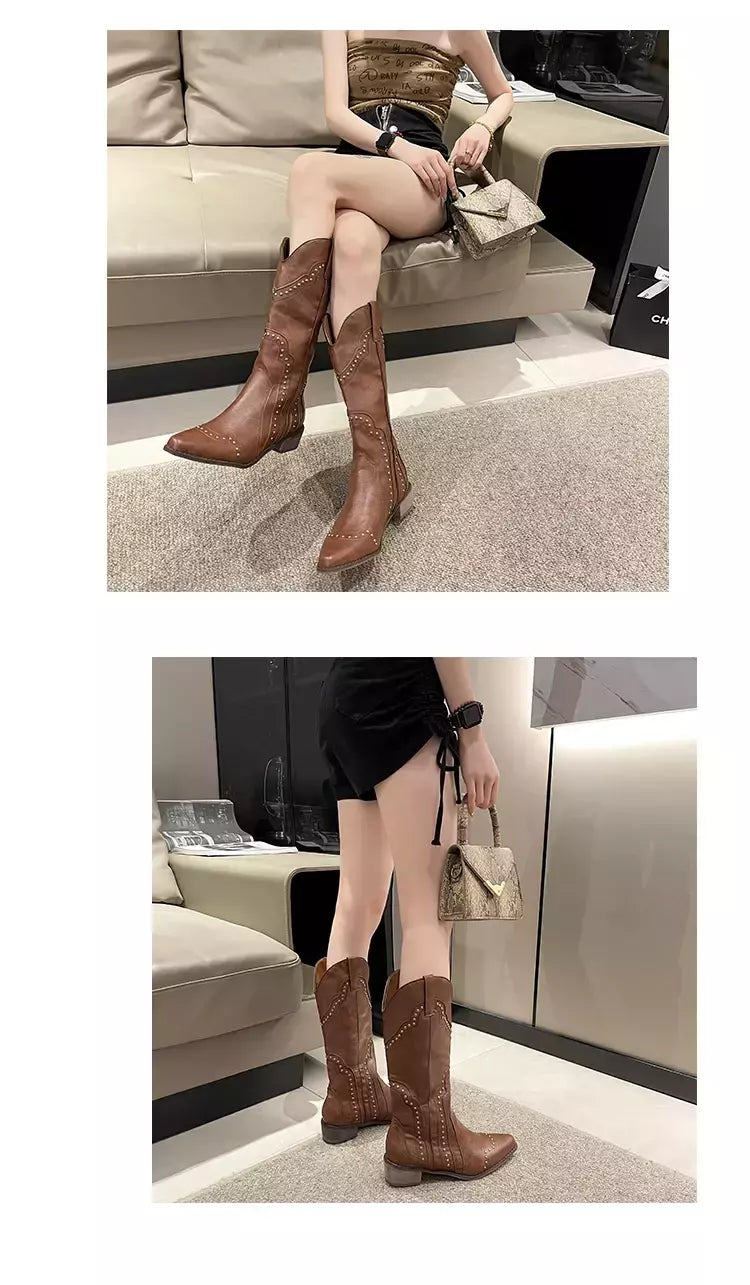 Botas góticas cravejadas para mulheres, joelho alto, couro curto, salto baixo, vaqueiro ocidental, designer de luxo, sapatos de rock novos, vintage, ocidental, 2024