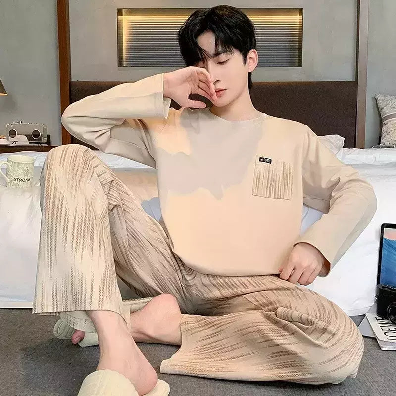 Pijama de algodão de duas peças masculino, calça de manga comprida, traje caseiro, estudante e adolescente, novo outono