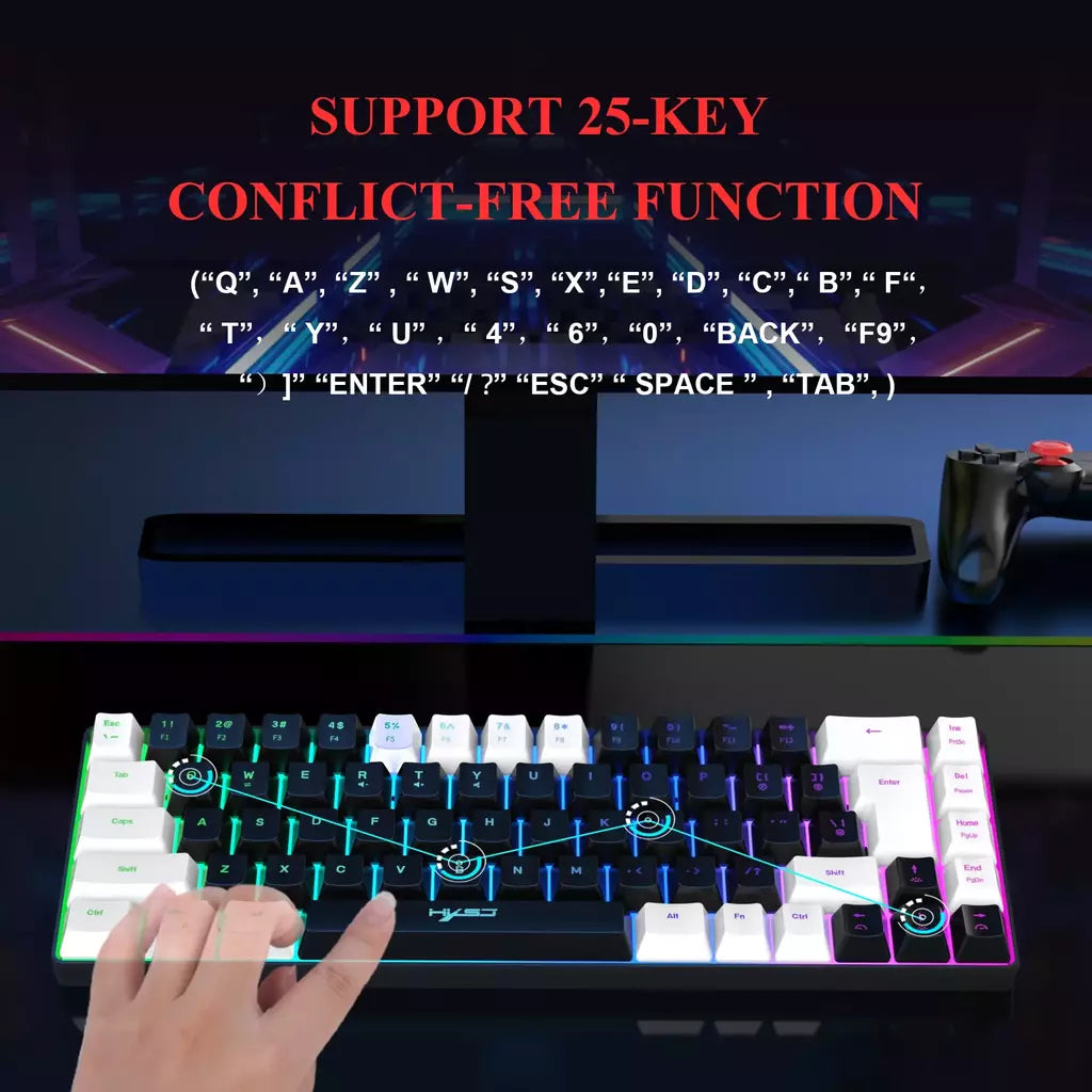 Teclado para jogos com fio USB, 68 teclas, 20 RGB Backlight, Keycaps preto e branco, Windows Laptops, Computador