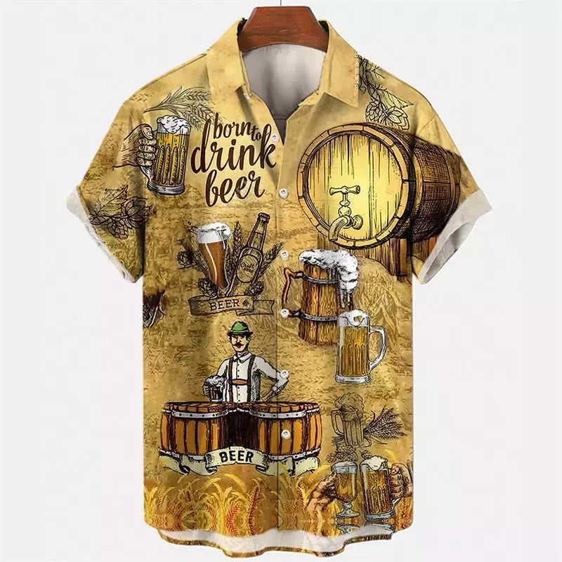 Camisa Retro de Cerveja Masculina Estampada 3D, Padrão para Beber Natal, Engraçado Street Top, Casual Manga Curta, Blusa de Botão, Roupas