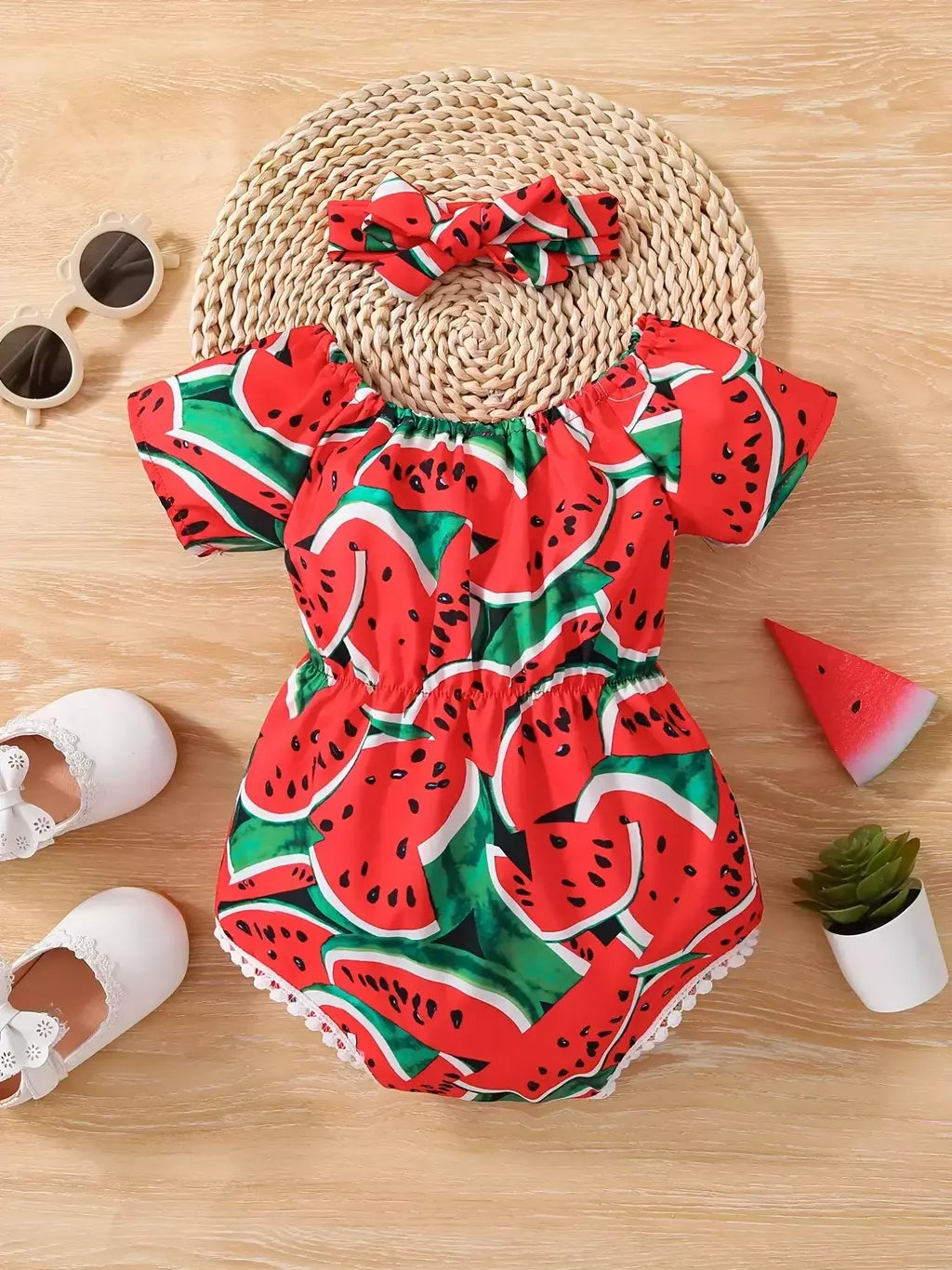 Melancia de manga curta feminina estampada bodysuits, roupa do bebê, bonito Onesie, vestido casual com bandana, verão