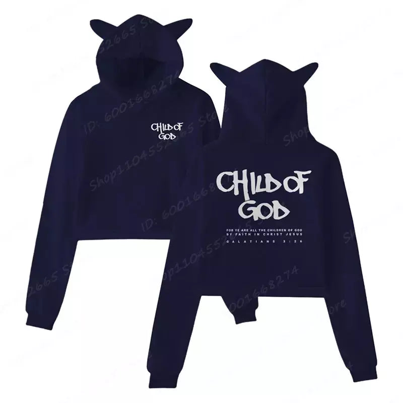 Eu sou um deus criança carta impressão recortada hoodies para mulheres cristão orar o senhor moletom manga longa pullovers curto topos