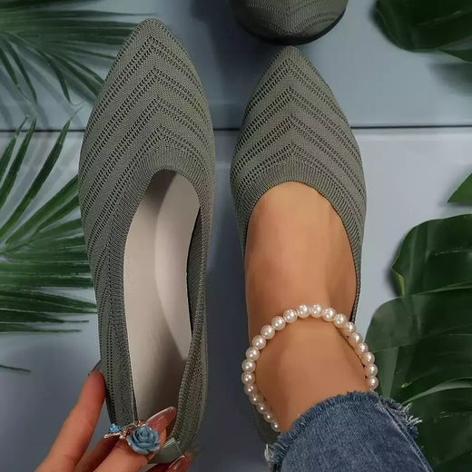 Sapatos baixos de dedo apontado para mulheres, Cor sólida, Sapatos de malha, Mocassins casuais, Sapatilhas respiráveis