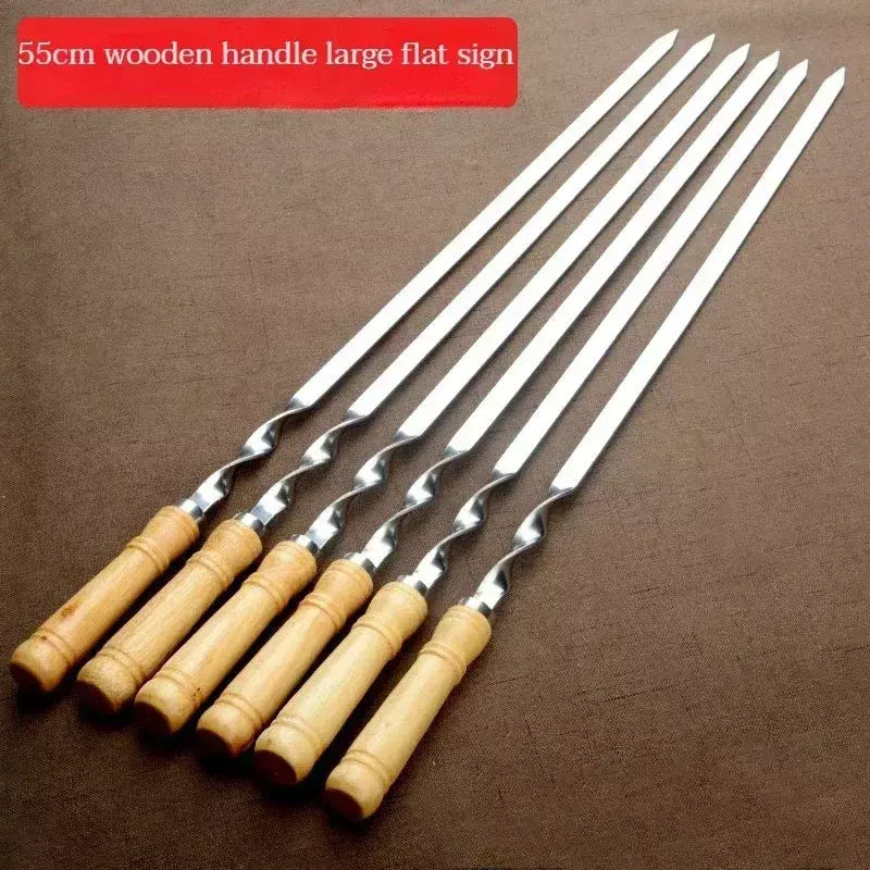 Espetos de churrasco de aço inoxidável alça longa 55cm alça de churrasco de madeira grande vara plana ao ar livre piquenique ferramentas de churrasco