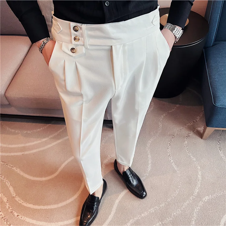 Calça formal de botão de cintura alta estilo britânico masculina, terno casual empresarial, calça de escritório, monocromática, alta qualidade, nova, primavera