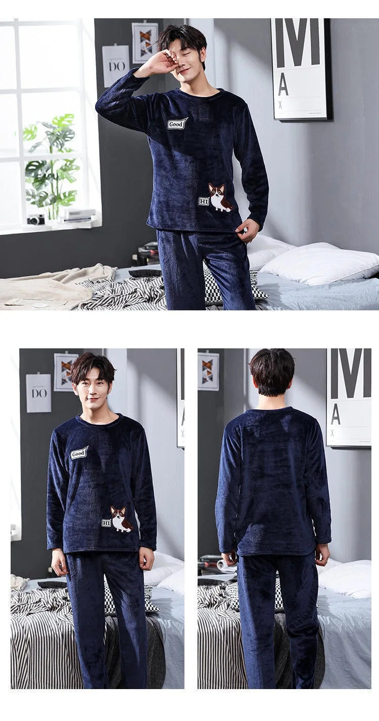 Pijama de lã coral masculino de 2 peças, gola redonda, manga comprida, conjuntos lounge, terno doméstico, impressão de moda, outono, inverno, homem, novo