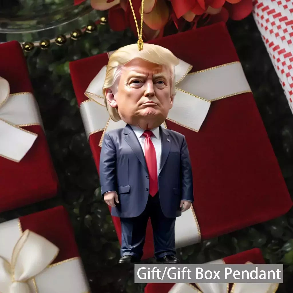 Natal acrílico pendurado ornamento para carro e árvore, pingente dos desenhos animados engraçados, Trump-Inspirado, presente perfeito do feriado, 1pc