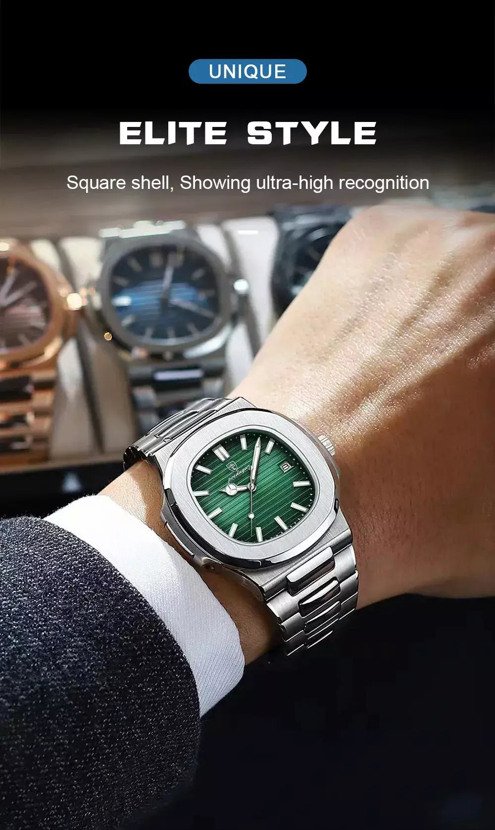 Poedagar quadrado na moda relógio de pulso masculino luminoso à prova dwaterproof água relógio de aço inoxidável para homem data quartzo negócios relógios masculinos reloj