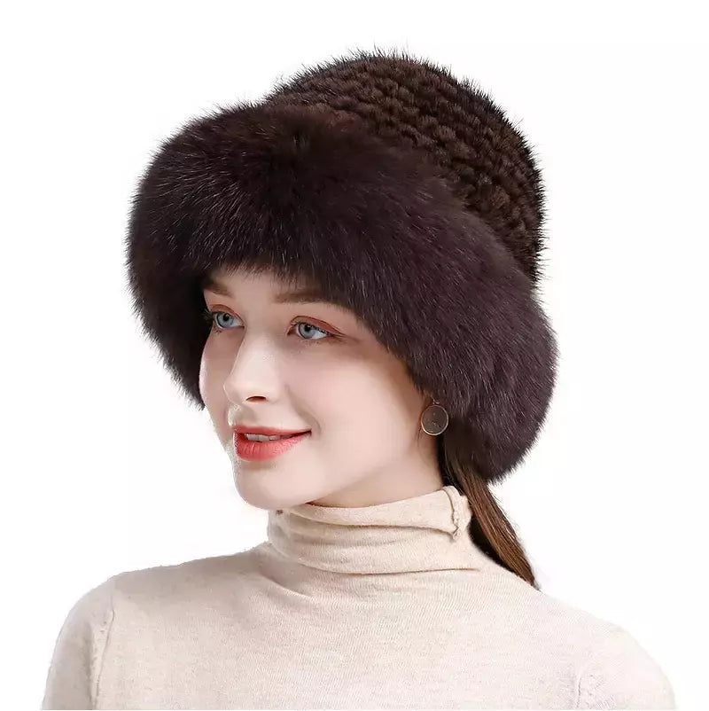 Chapéu de pele de vison genuíno para mulheres Boné de malha natural Gorros luxuosos Headwear de malha artesanal Pele de raposa real, moda inverno quente, nova