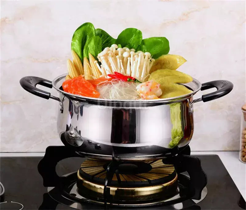 Panela de aço inoxidável com fundo duplo, panela de sopa não magnética, panelas multiuso, panela antiaderente, fogão a gás usado, panela quente
