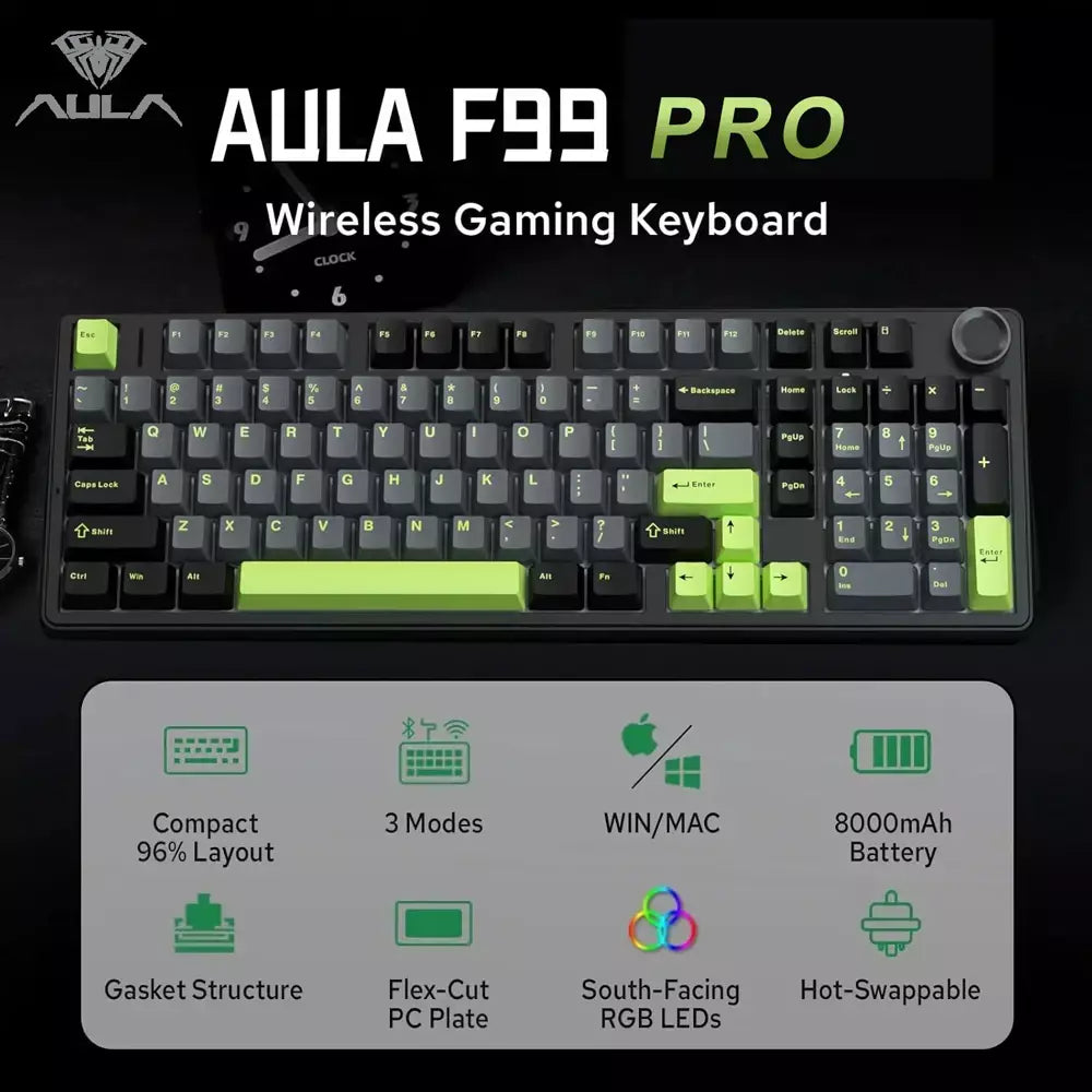 Teclado mecânico para jogos AULA F99PRO, 99 teclas, três modos, sem fio, estrutura de junta permutável, teclado personalizado com botão de mídia