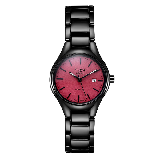 OUPAI-Relógio de quartzo design industrial para mulheres, cerâmica preta, mostrador vermelho, vestido pequeno e causal, moda, nova chegada, 2024