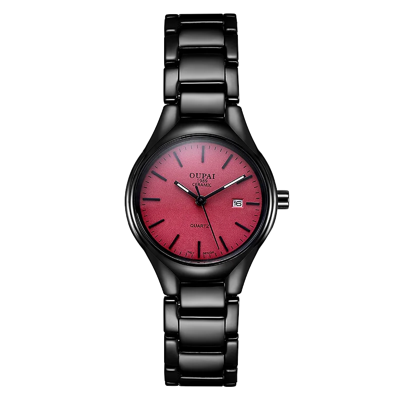 OUPAI-Relógio de quartzo design industrial para mulheres, cerâmica preta, mostrador vermelho, vestido pequeno e causal, moda, nova chegada, 2024