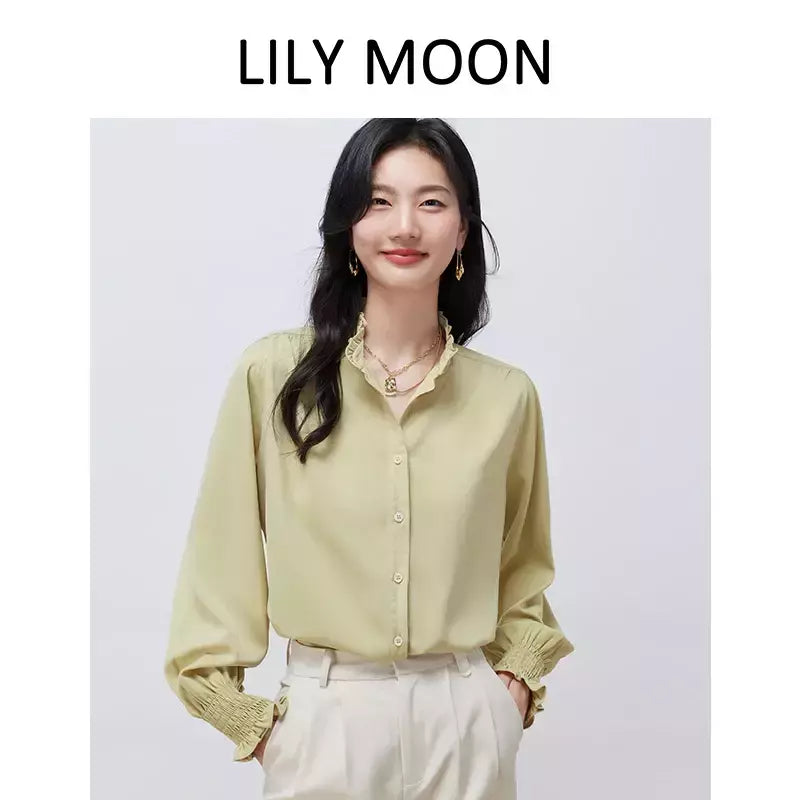 LILYMOON-Camisa de manga comprida feminina, colarinho francês, orelha de madeira, camisa casual coreana, Tops Y2K, pulôver elegante solto, batida na rua