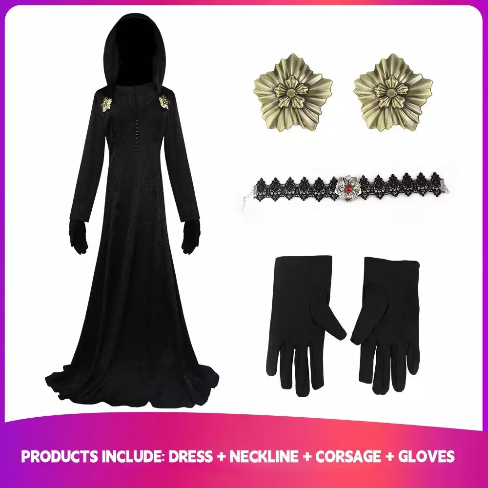 Em estoque traça senhora mal cosplay fantasia aldeia vampiro senhora dimitrescu traje feminino vestido preto halloween carnaval festa terno