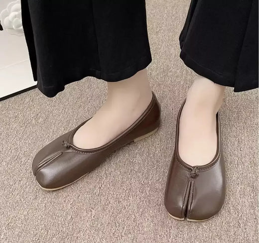 Mocassins de couro aconchegantes estilo japonês para mulheres, sapatilha de bailarina feminina, casco dividido, ninja tabi flats, Mary Jeans, sapato mocasines