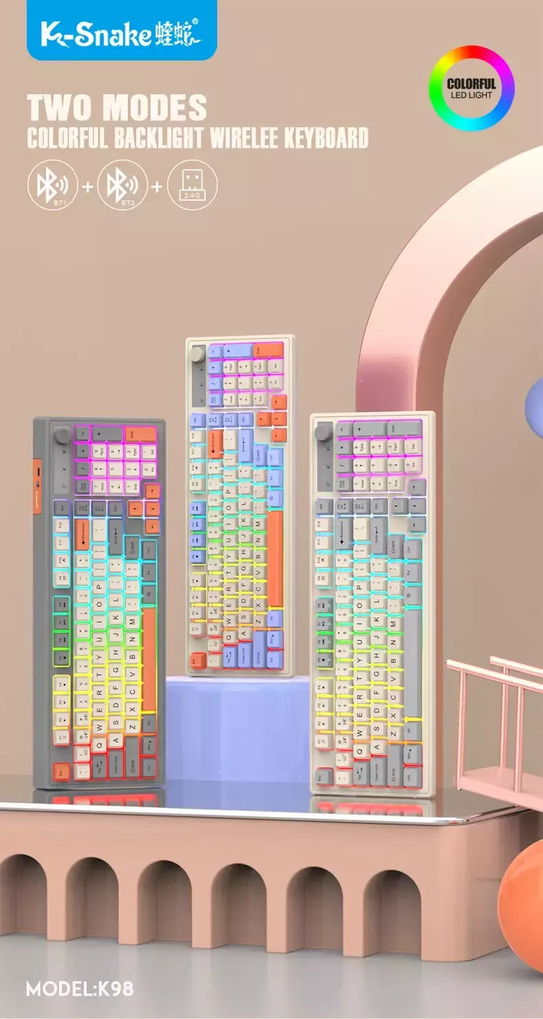 Teclado sem fio multifuncional, Luz do arco-íris, 2.4G, Bluetooth, Conexão de modo duplo, Adequado para computador e laptop, 98 teclas
