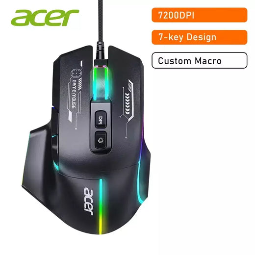 Acer-wired gaming mouse 7200dpi, ergonômico, macroprogramável, personalizado rgb efeito de lâmpada, para casa, escritório, desktop, computador