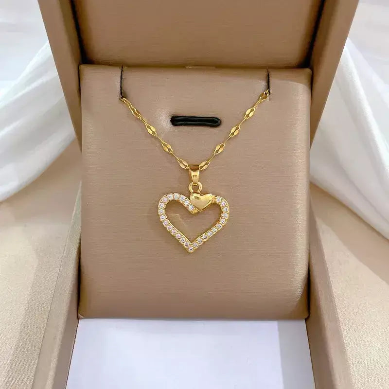 Colares Coração de Zircônia em Aço Inoxidável Mulheres Colar Metal Cor Dourada Festa de Aniversário Joias Diárias para meninas, Trendy and Love