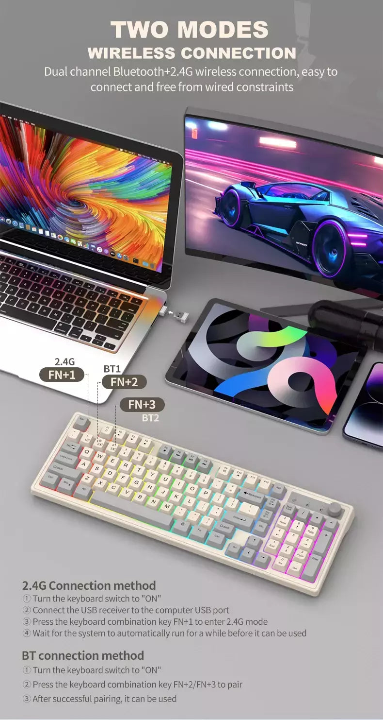 Teclado sem fio multifuncional, Luz do arco-íris, 2.4G, Bluetooth, Conexão de modo duplo, Adequado para computador e laptop, 98 teclas