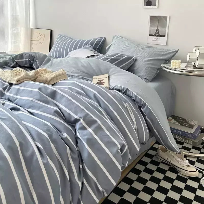 Conjunto de roupa de cama de algodão lavado, listrado, grade, lençol minimalista, consolador, capa de edredão rainha, duplo para meninos e meninas