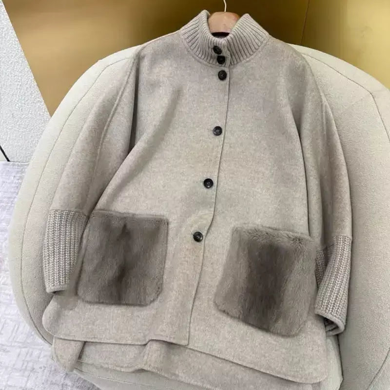 Gola de pele emendada longa pele de lã casaco feminino moda casual manga comprida lapela solta quente curto jaqueta senhora diariamente streetwear