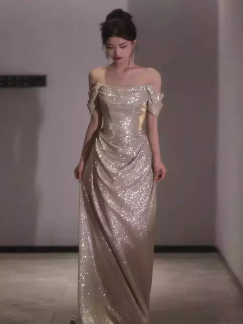 Vestido sereia ruched, lantejoulas sexy sem mangas, rabo de peixe leve, longo, cerimônia do anfitrião, vestido de baile de festa, banquete luxuoso