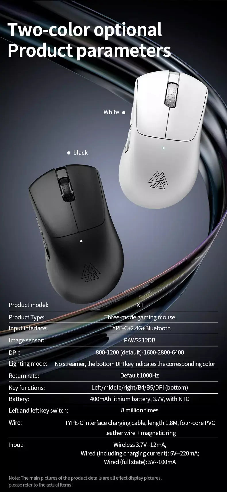 SOREX X1 RGB Light Advanced PC Tri-Mode Mouse óptico sem fio para jogos