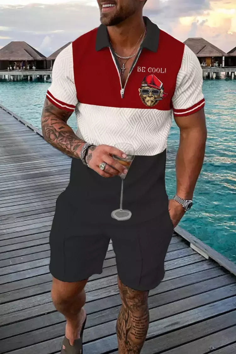 Conjunto de camisa polo e shorts masculino casual de manga curta com zíper gola v, moda verão, 2 peças, 2023
