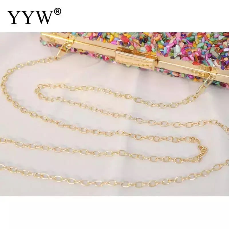 Bolsa acrílica com fecho interligado para menina, bolsa do casamento, pedra multicolorida, corrente de metal, crossbody, ombro, noite, difícil