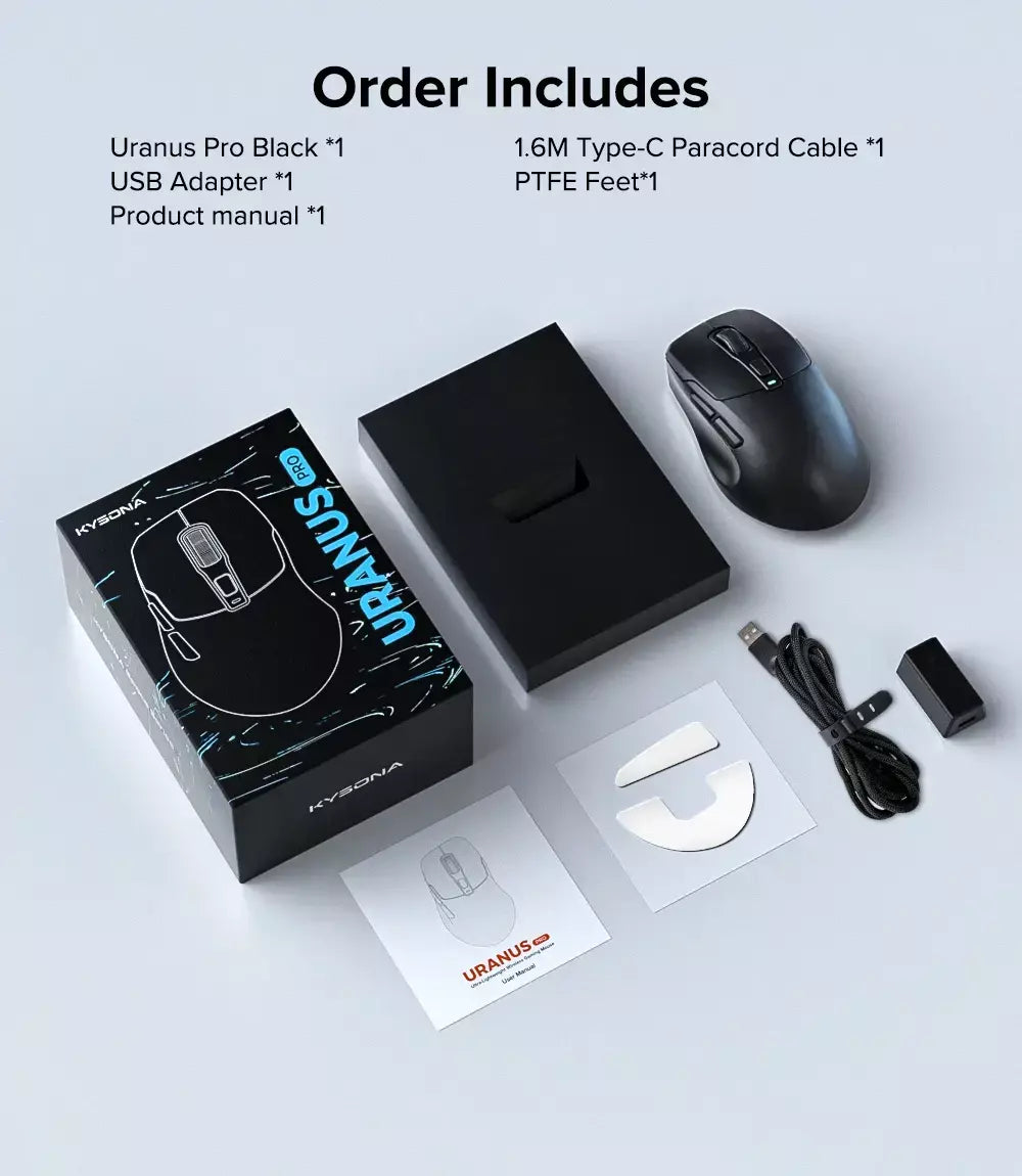 Kysona uranus pro mouse para jogos sem fio mouse ergonômico paw3395 54g 8khz taxa de pesquisa 26000dpi para mão direita grande pc gamer