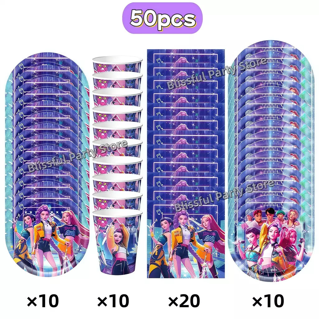 Conjunto de talheres para decoração de festa de aniversário, caçadores de demônios, copo, prato, guardanapo, banner, balão, meninas, coreano, kpop, anime, suprimentos de festa, decoração