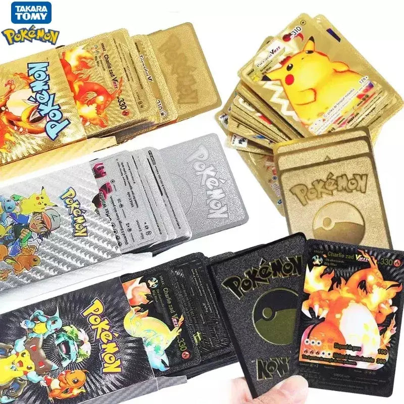 Cartão de folha de ouro colorido pokemon charizard pikachu arceus prata preto arco-íris inglês francês alemão espanhol vstar gx vmax cartões