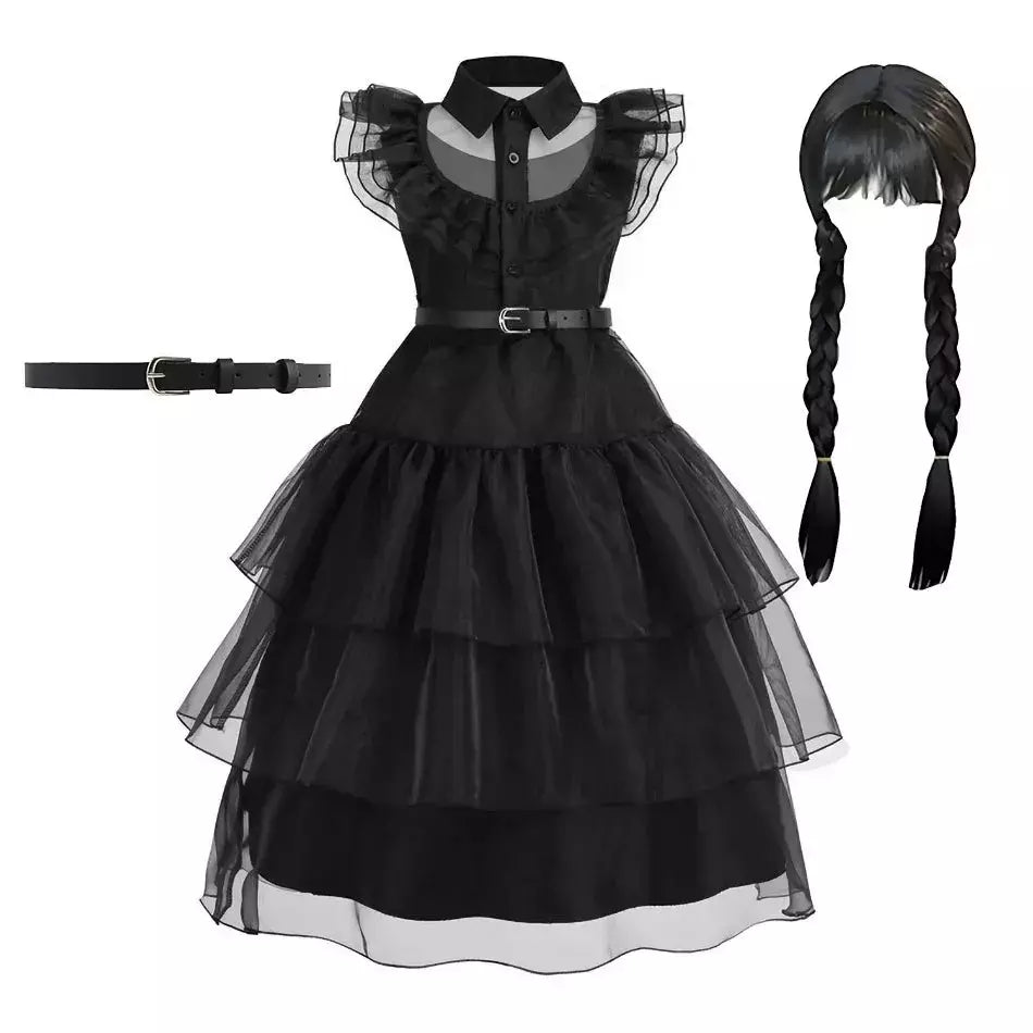 Crianças addams traje do bebê meninas família cosplay traje de halloween crianças família dança vestido preto quarta-feira pageant fantasia