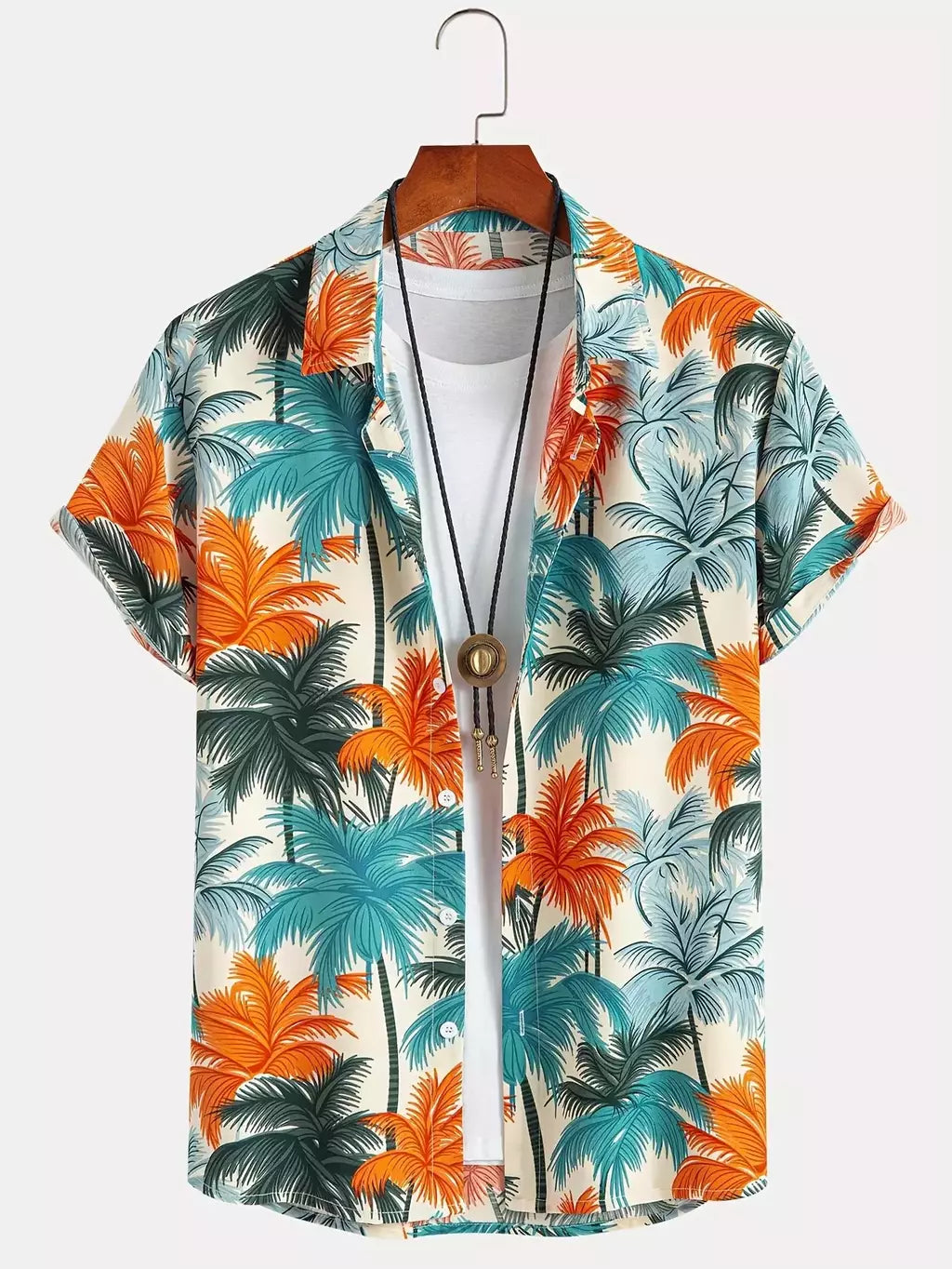 Camisa de lapela masculina de manga curta, estilo havaiano, padrão tropical de coqueiro, tops grandes, férias de verão