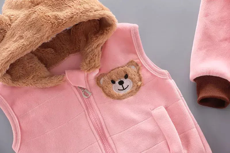 Conjunto infantil de três peças com capuz, terno casual confortável para menino, quente, fofo, moda menina, 12M-4 anos, outono, inverno, novo